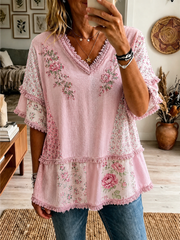 Women's Pink Botanical Floral Print Cotton-Linen Shirt