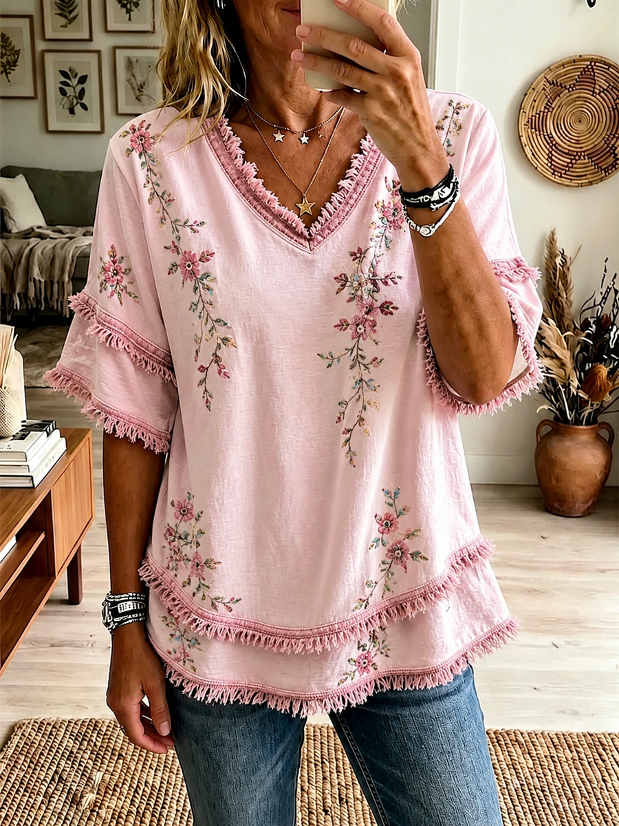 Women's Pink Botanical Floral Print Cotton-Linen Shirt