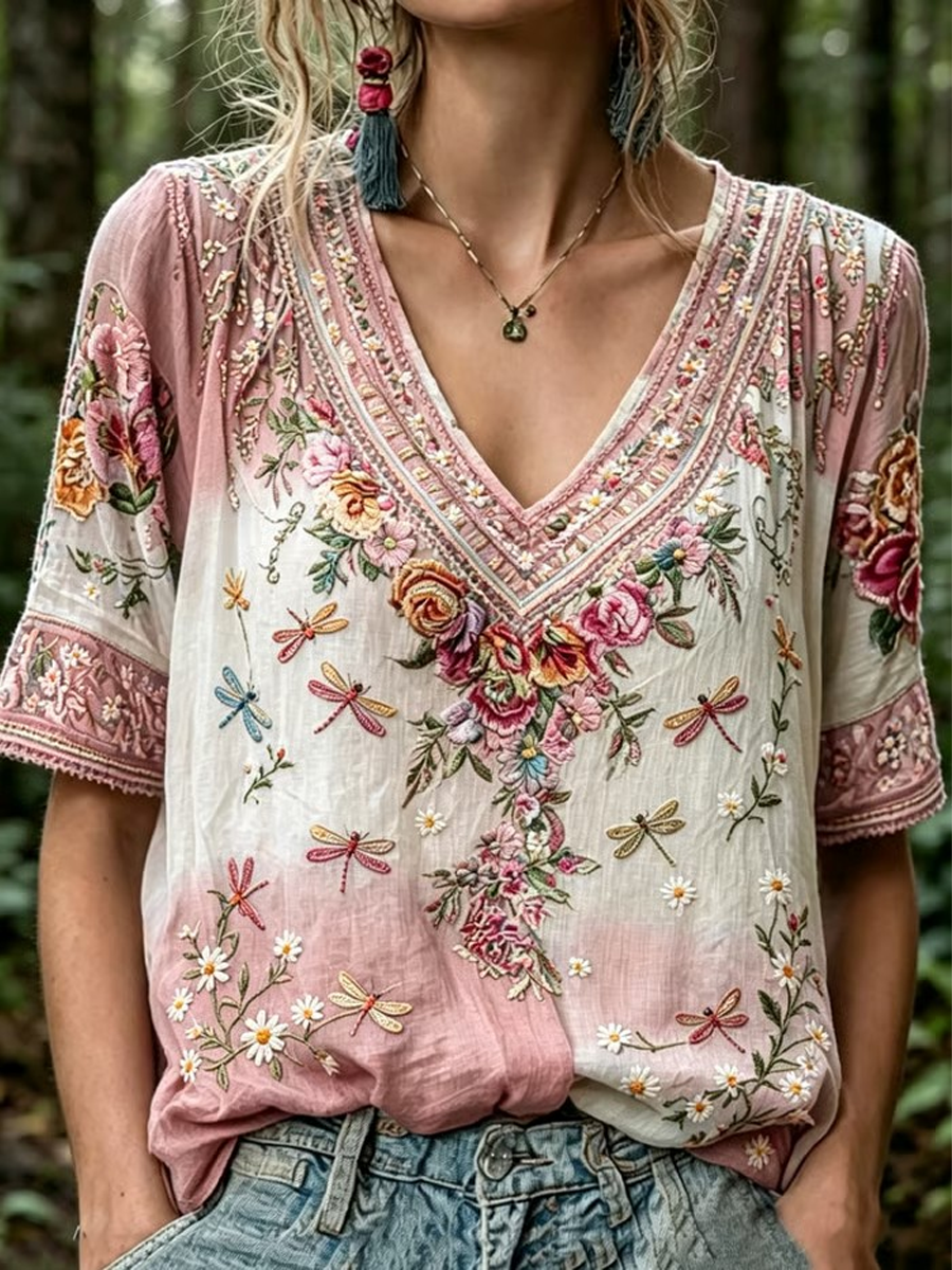 Women's floral print Mid-length Sleeves V-Neck T-Shirt