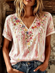 Women's floral print linen short-sleeved T-shirt