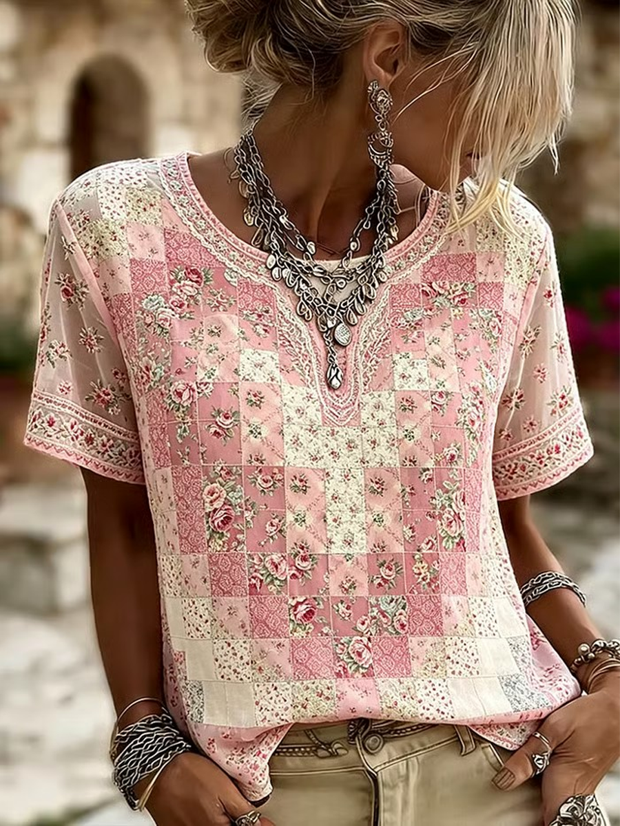 Women's floral print linen short-sleeved T-shirt