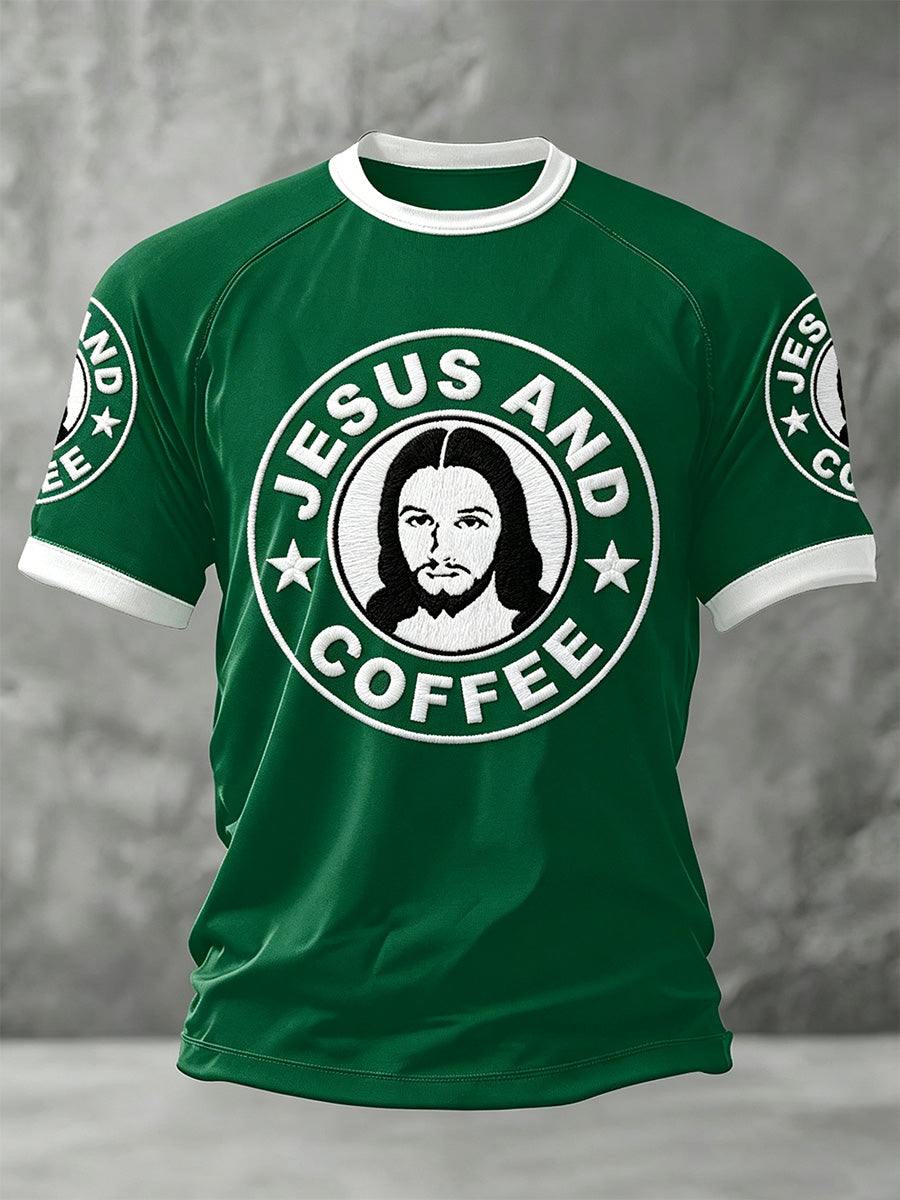 Men's Jesus And Coffee Print Casual Tee