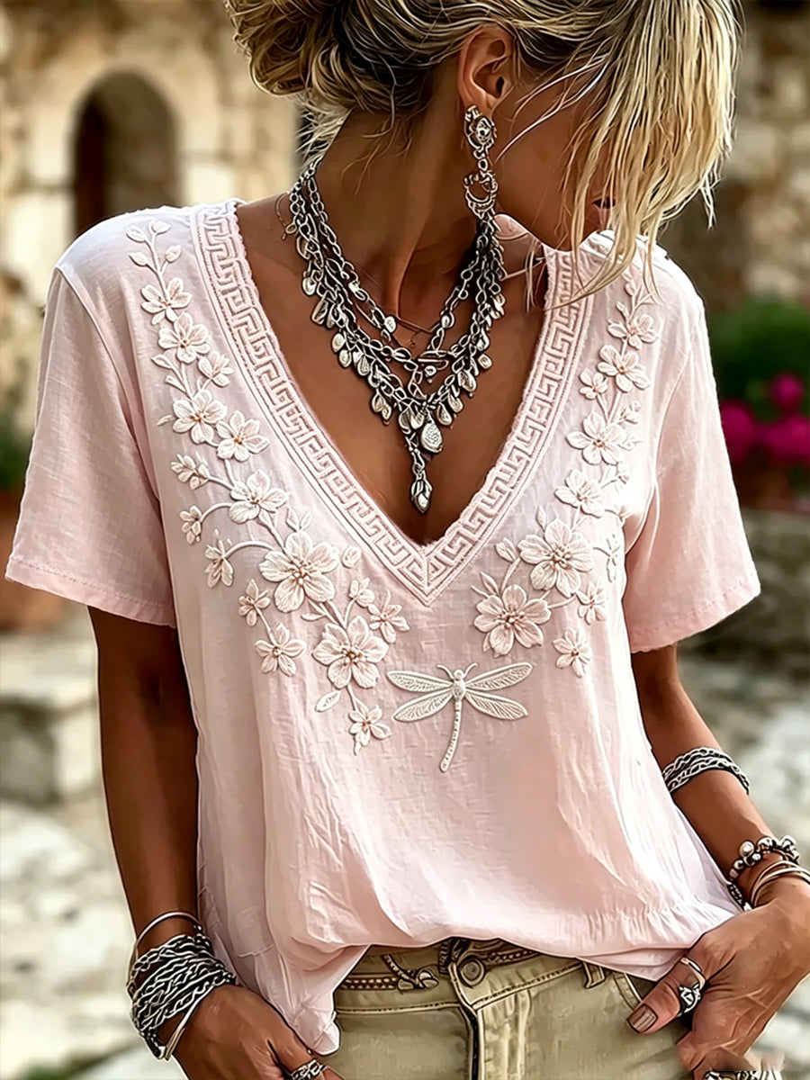 Women's Breast Cancer Pink Flowers Print V-Neck Casual T-Shirt