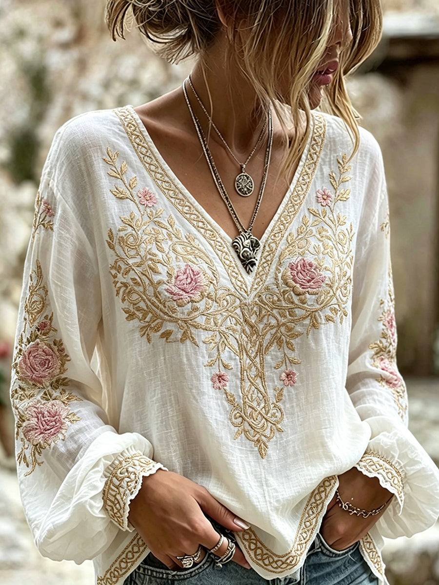 Women's Classy Viking Celtic Tree Of Life FLoral Print Cotton-Linen Shirt