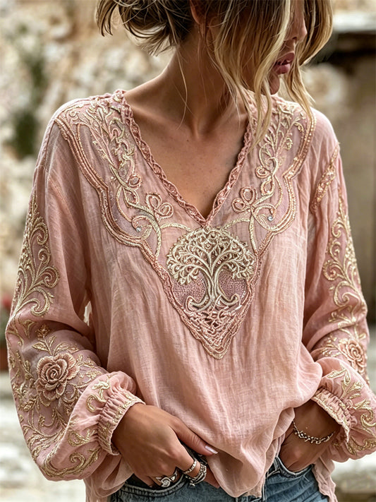Women's Vintage Tree of Life Roses Celtic Glitter Print Cotton-Linen Shirt
