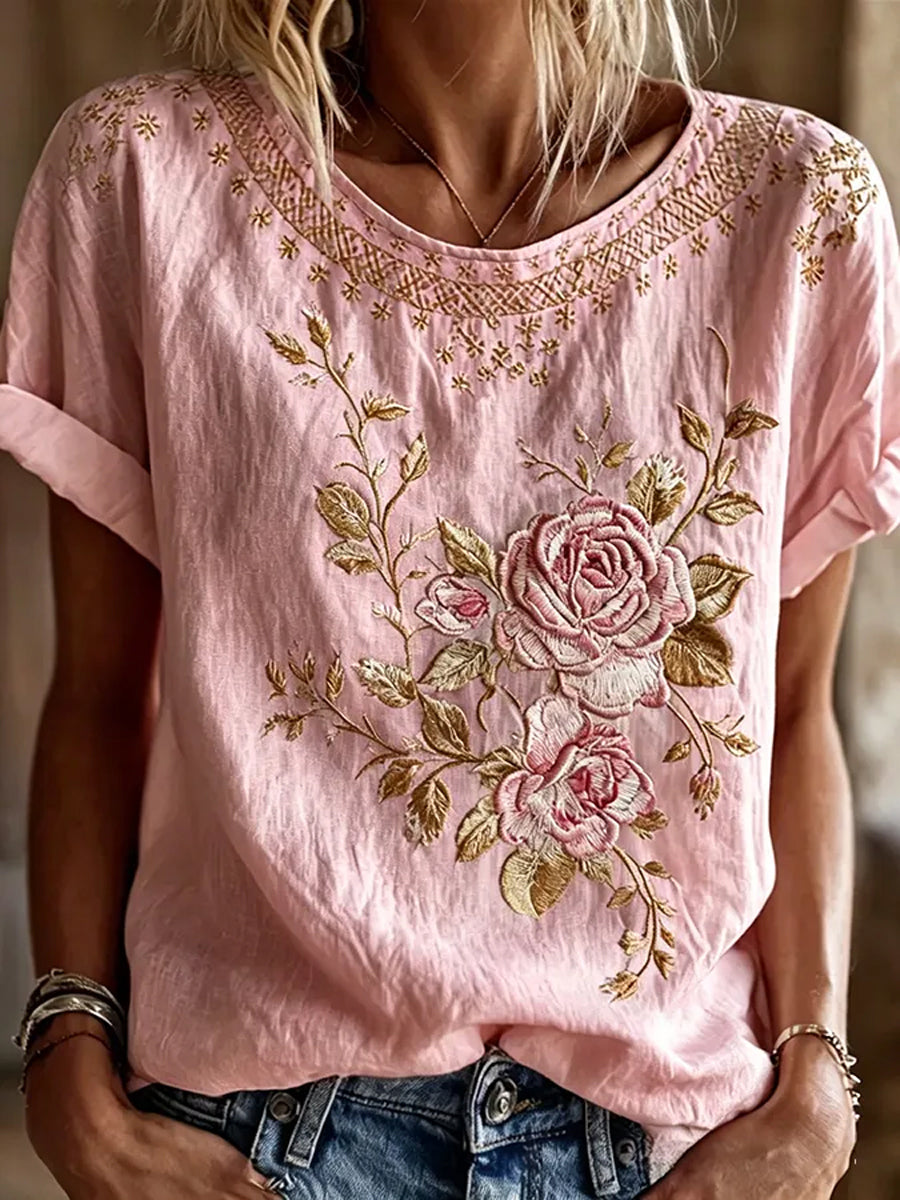 Women's Breast Cancer Pink Flowers Print Casual T-Shirt
