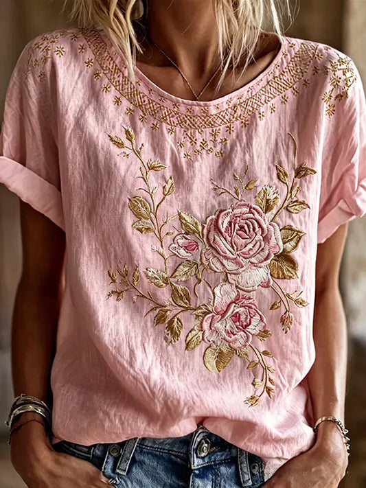 Women's Breast Cancer Pink Flowers Print Casual T-Shirt