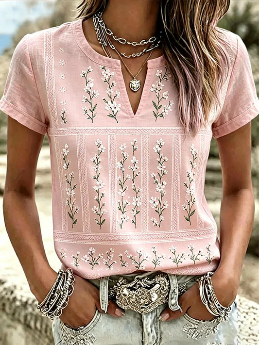 Women's Breast Cancer Pink Flowers Print V-Neck Casual T-Shirt