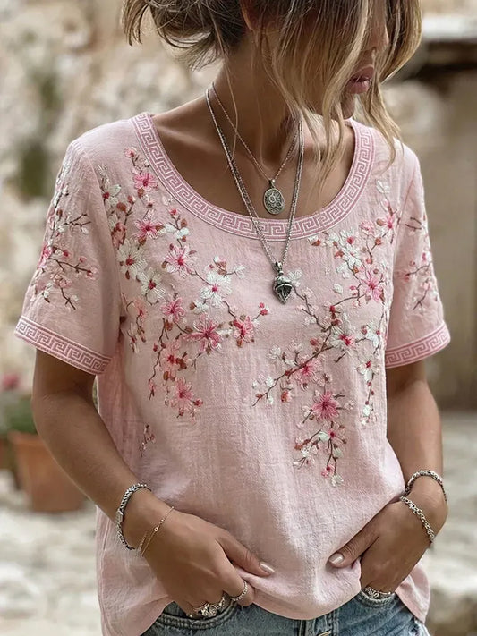 Women's Breast Cancer Pink Flowers Print Casual T-Shirt