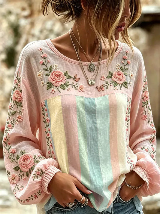 Women's Breast Cancer Pink Flowers Print Cotton-Linen Shirt