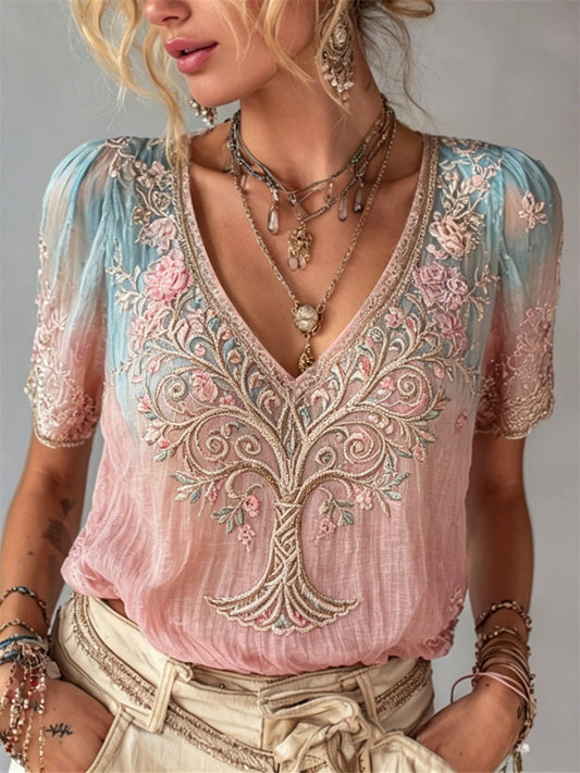 Women's Vintage Tree of Life Pink Floral Print Gradient linen short-sleeved T-shirt