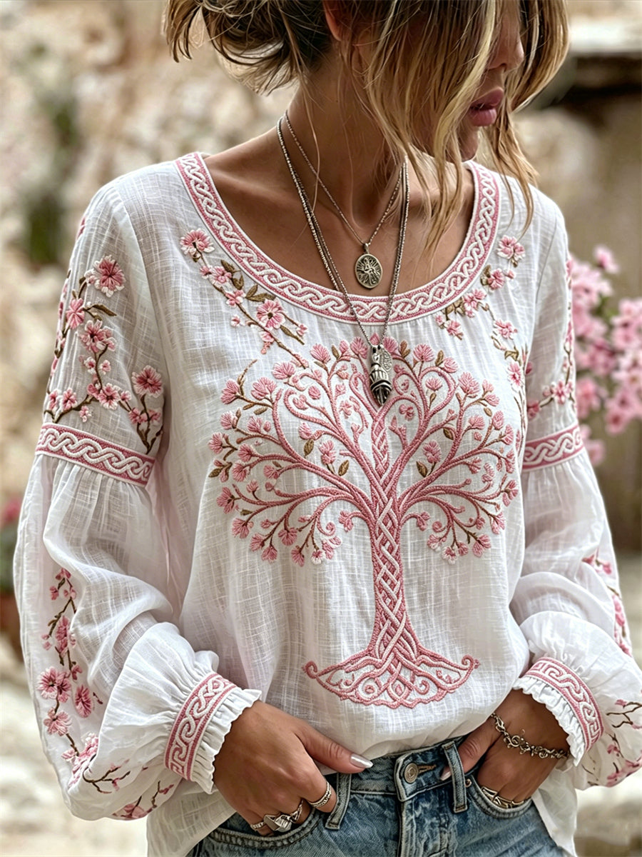 Women's Viking Tree of Life Cherry Blossom Art Print Cotton-Linen Shirt