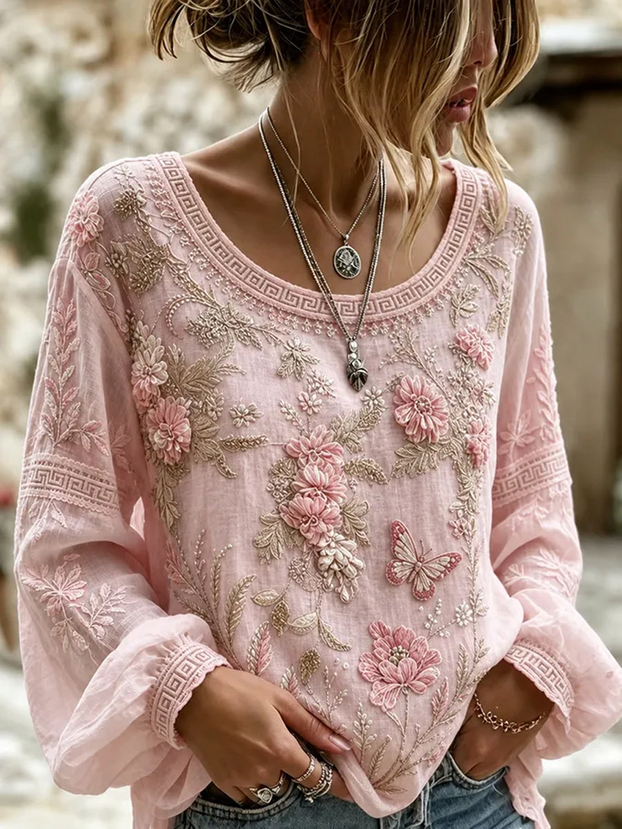 Women's Breast Cancer Pink Flowers Print Cotton-Linen Shirt