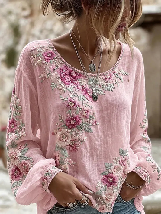 Women's Breast Cancer Pink Flowers Print Cotton-Linen Shirt