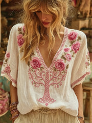 Women's Boho Roses Viking Tree of Life Print linen short-sleeved T-shirt