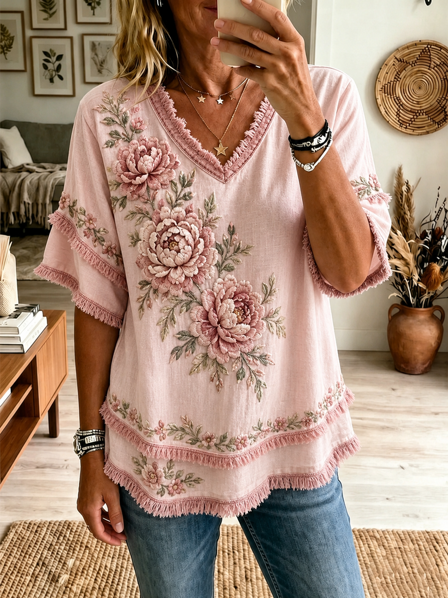 Women's floral print Cotton-Linen Shirt