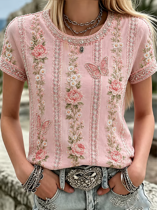 Women's floral print linen short-sleeved T-shirt