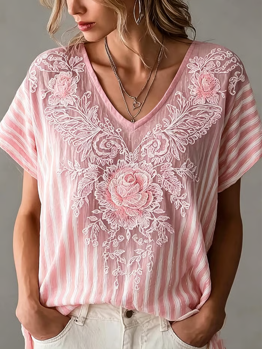 Women's floral print linen short-sleeved T-shirt