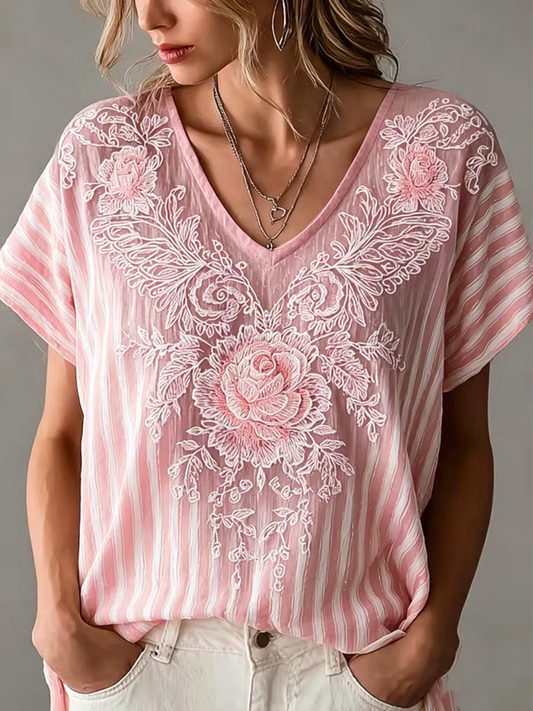 Women's floral print linen short-sleeved T-shirt