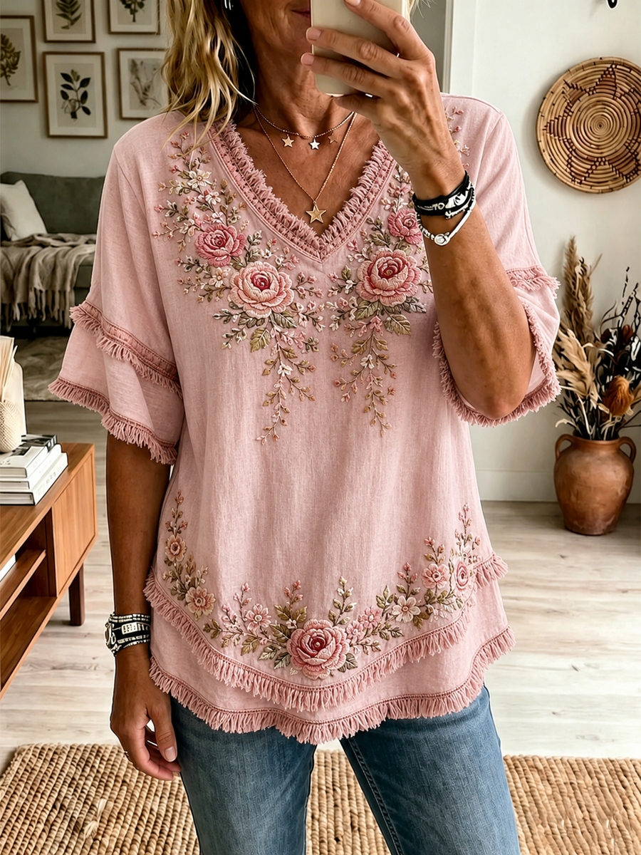 Women's floral print Cotton-Linen Shirt