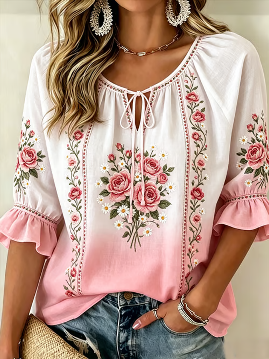 Women's floral print linen T-shirt