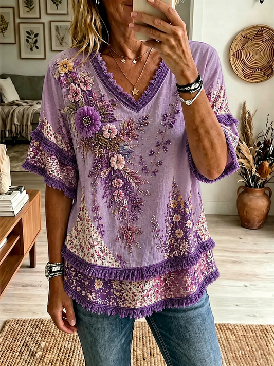 Women's floral print Cotton-Linen Shirt