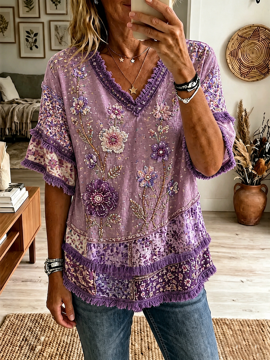 Women's floral print Cotton-Linen Shirt
