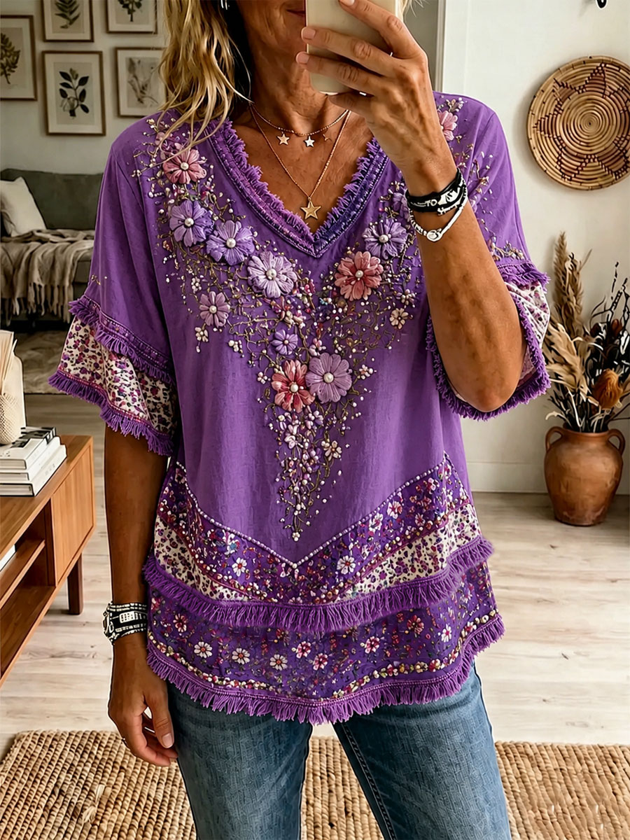 Women's floral print Cotton-Linen Shirt