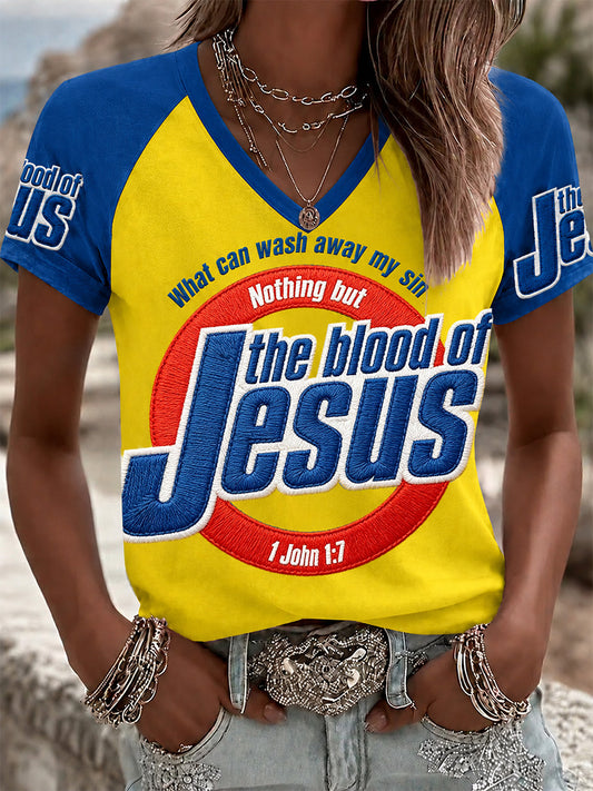 Women's The Blood Of Jesus Print Casual V-Neck Tee