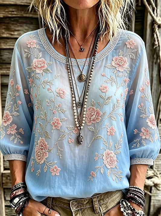 Women's Classy Pink Floral Art Print Gradient Puff Sleeve Linen Tunic