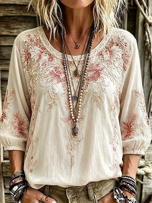 Women's Vintage Pink Floral Art Print Puff Sleeve Linen Tunic