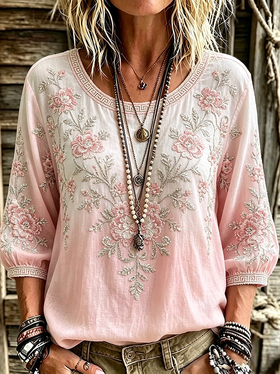 Women's Vintage Pink Floral Art Print Gradient Puff Sleeve Linen Tunic