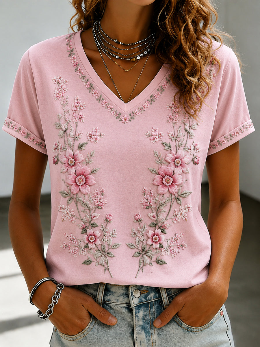 Women's Breast Cancer Pink Flowers Printed V-neck T-shirt
