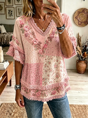 Women's pink floral print Cotton-Linen Shirt