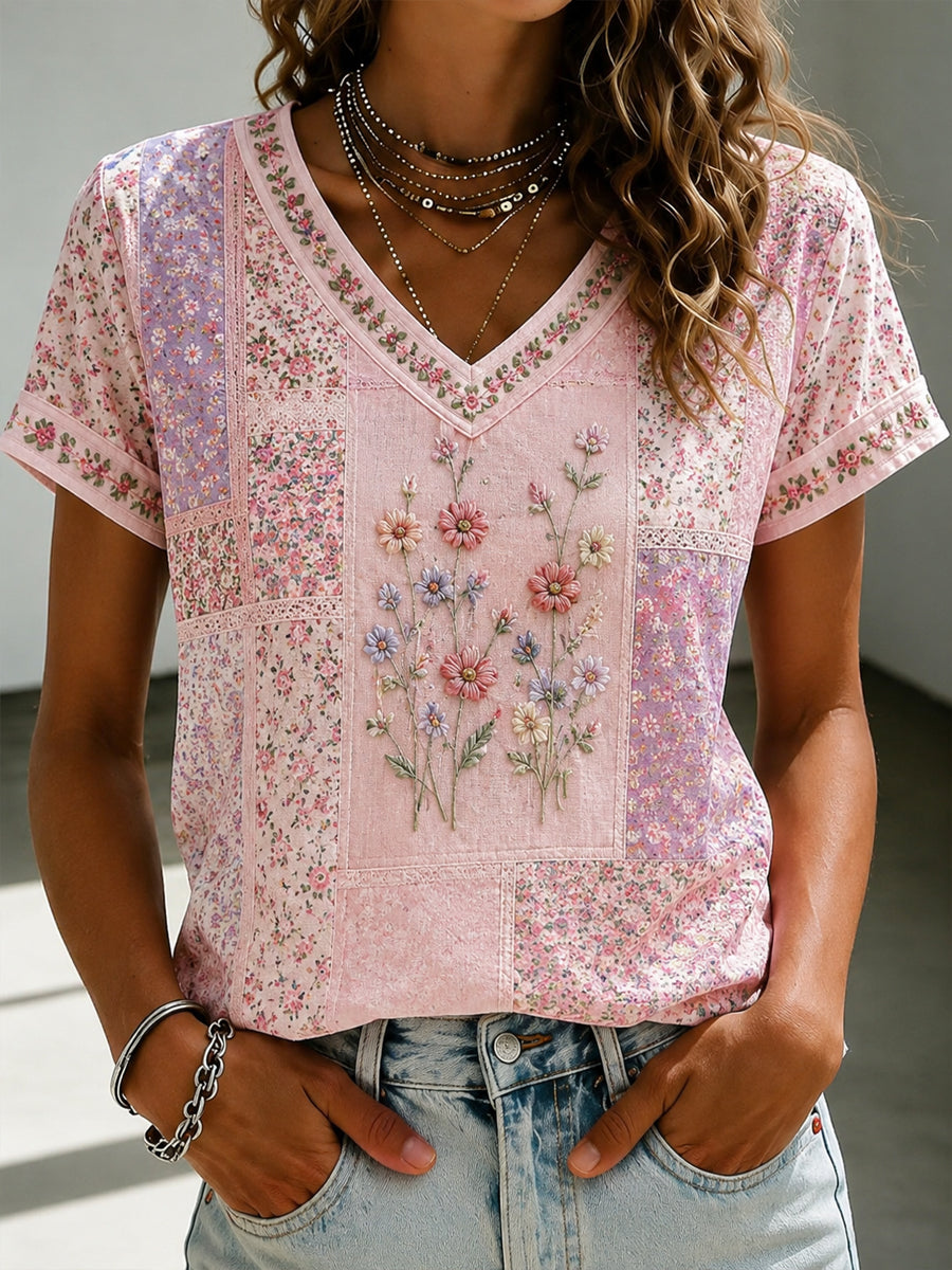 Women's Breast Cancer Pink Flowers Print V-Neck Casual T-Shirt