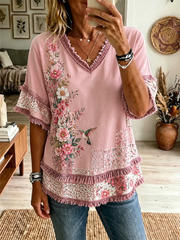Women's floral print Cotton-Linen Shirt