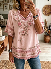 Women's pink floral print Cotton-Linen Shirt