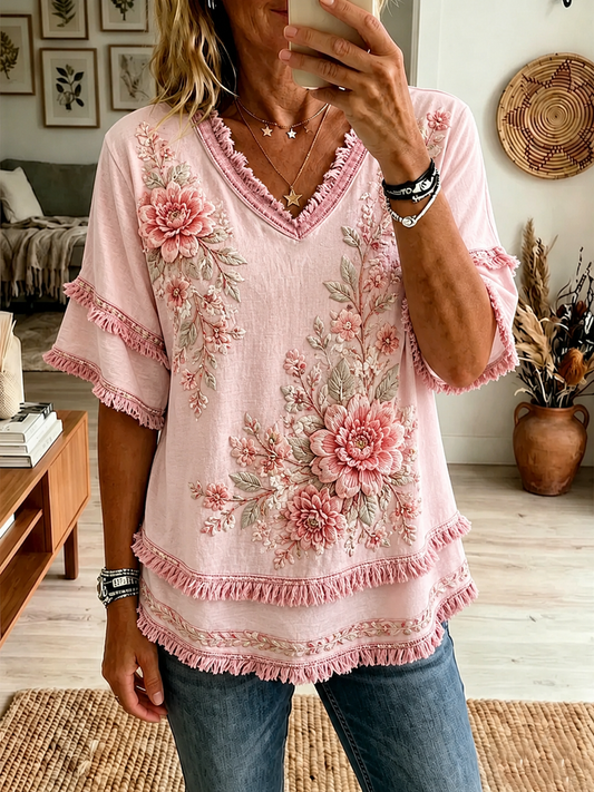 Women's pink floral print Cotton-Linen Shirt