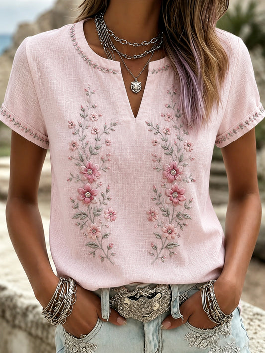 Women's Breast Cancer Pink Flowers Print V-Neck Casual T-Shirt