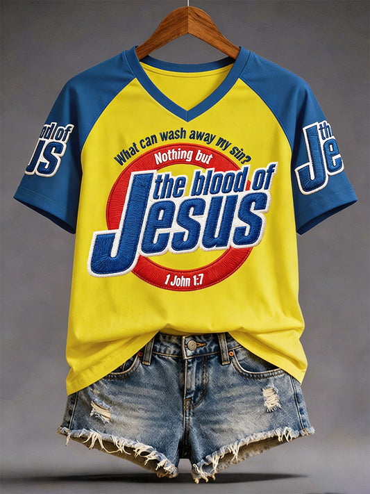 Women's The Blood Of Jesus Print Casual V-Neck Tee