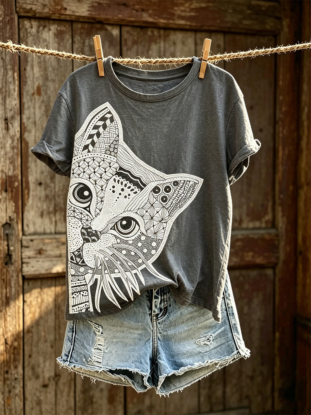 Women's cute cat pattern color-blocked design casual short-sleeve T-shirt