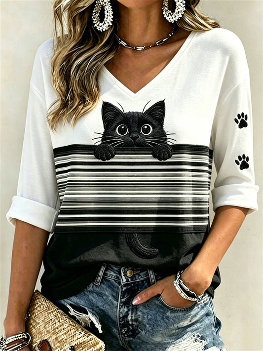 Women's Peeking Black Cat & Paw Prints Colorblock Print Mid-length Sleeves V-Neck T-Shirt