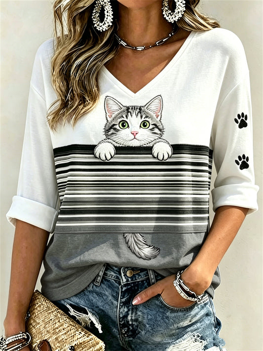 Women's Peeking American Shorthair Cat & Paw Prints Colorblock Print Mid-length Sleeves V-Neck T-Shirt