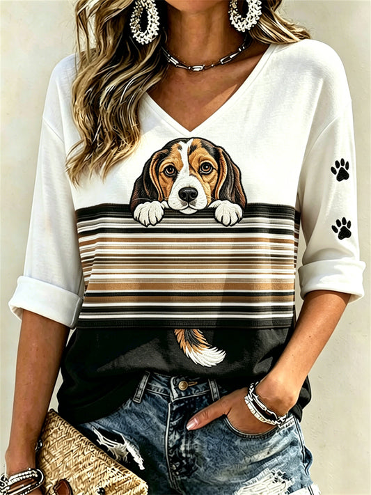 Women's Peeking Beagle & Paw Prints Colorblock Print Mid-length Sleeves V-Neck T-Shirt
