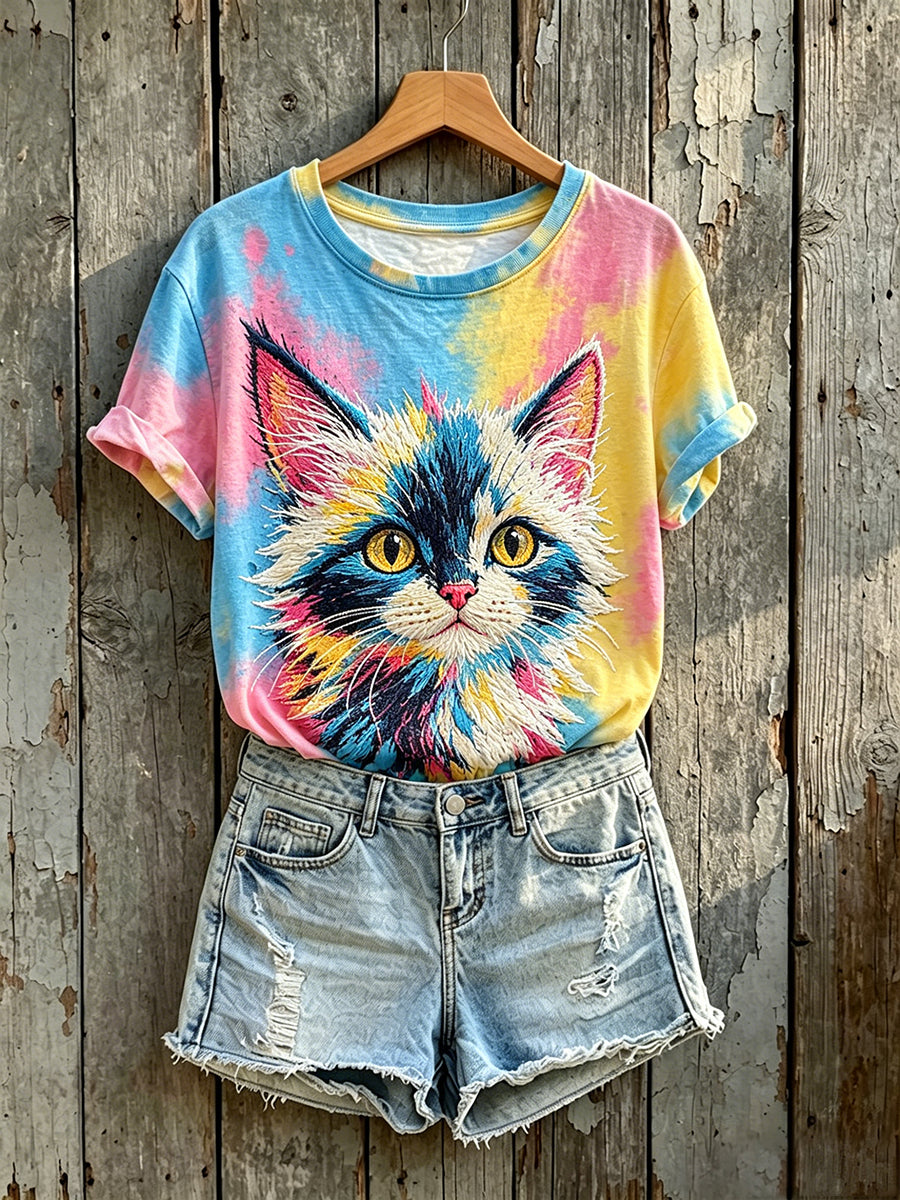 Women's Colorful Cat Art Print Short-sleeved T-shirt