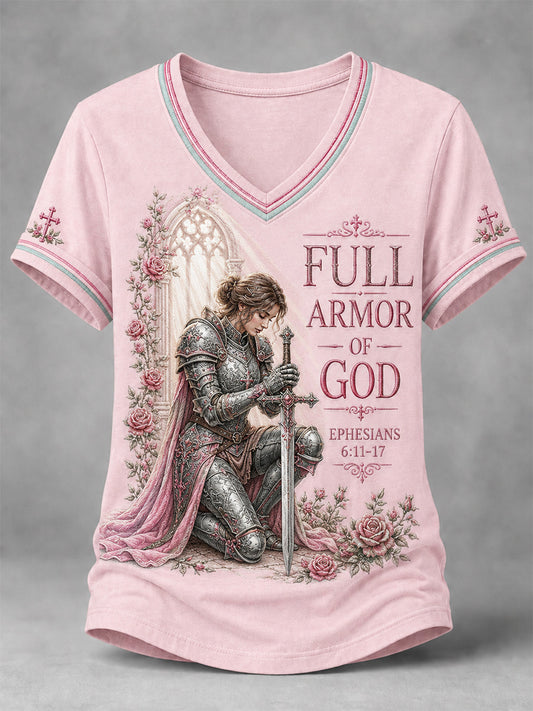 Women's Christian Full Armor Of God Print Casual V-Neck Tee