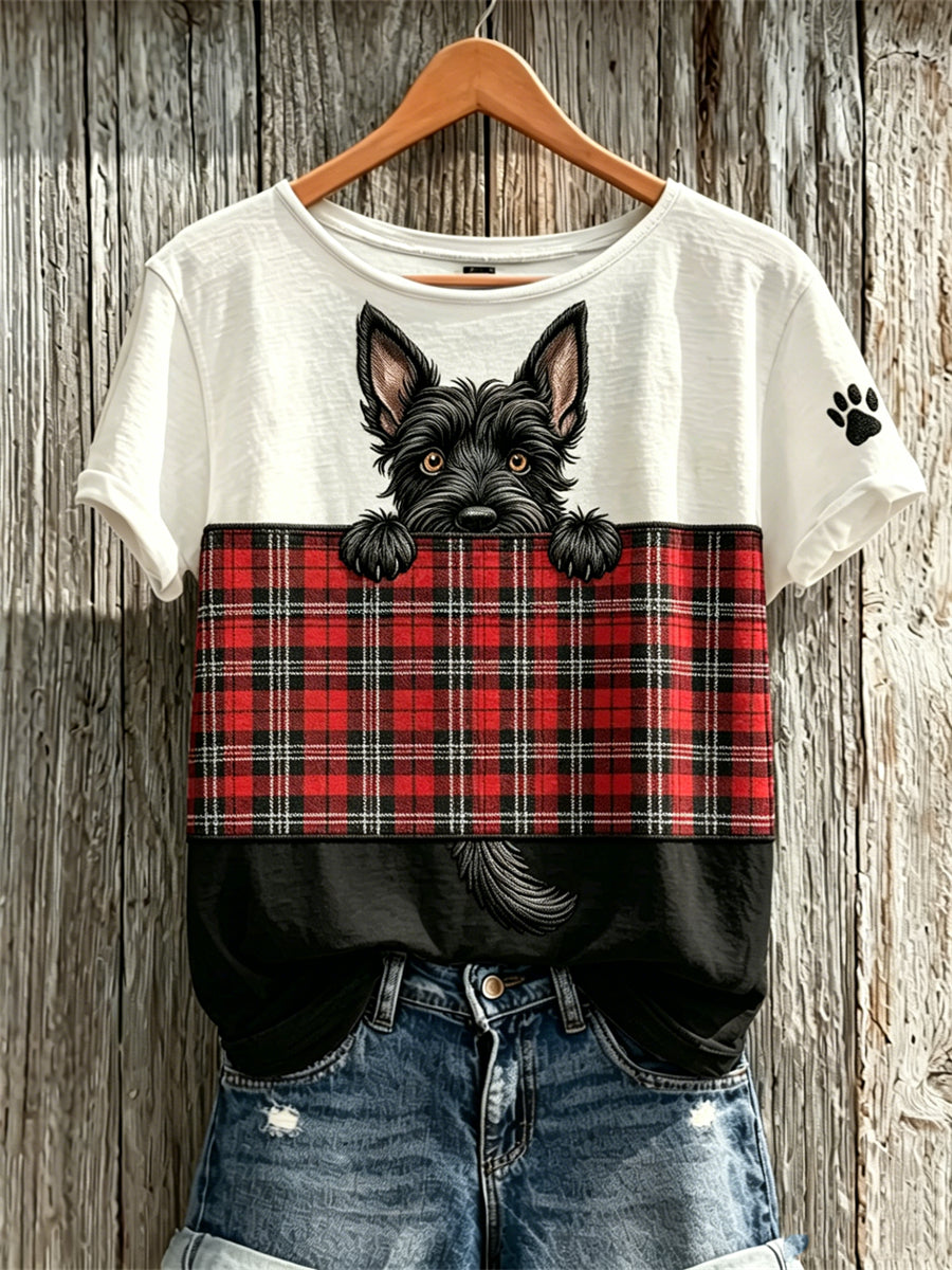 Women's Peeking Scottish Terrier Dog & Scotland Tartan Colorblock Print short-sleeved T-shirt
