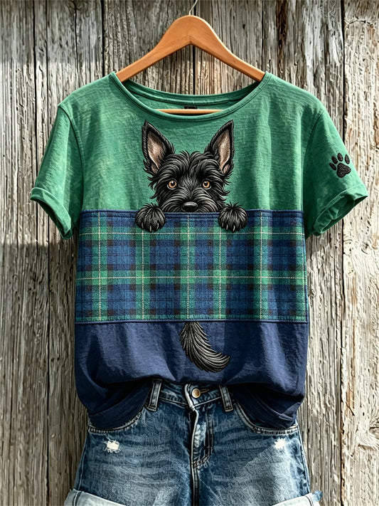 Women's Peeking Scottish Terrier Dog & Scotland Tartan Colorblock Print short-sleeved T-shirt
