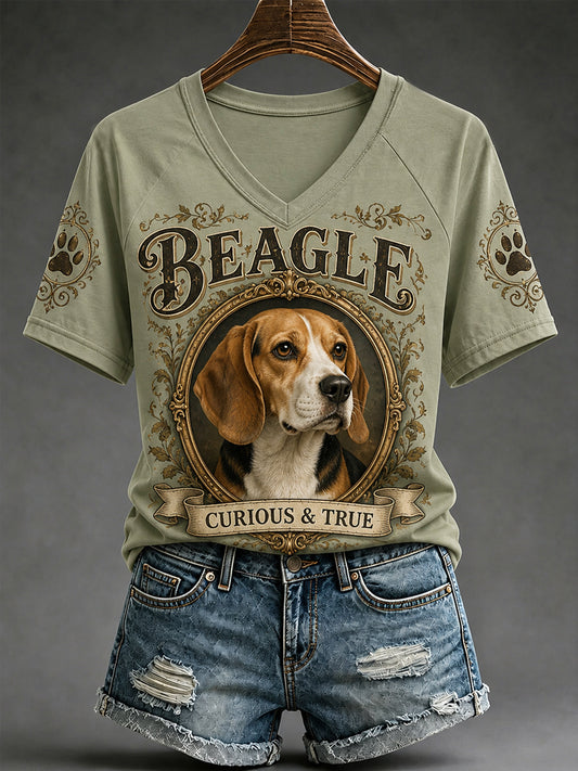 Women's Retro Dog Print Casual V-Neck Tee