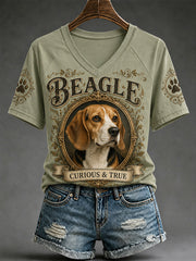 Women's Retro Dog Print Casual V-Neck Tee
